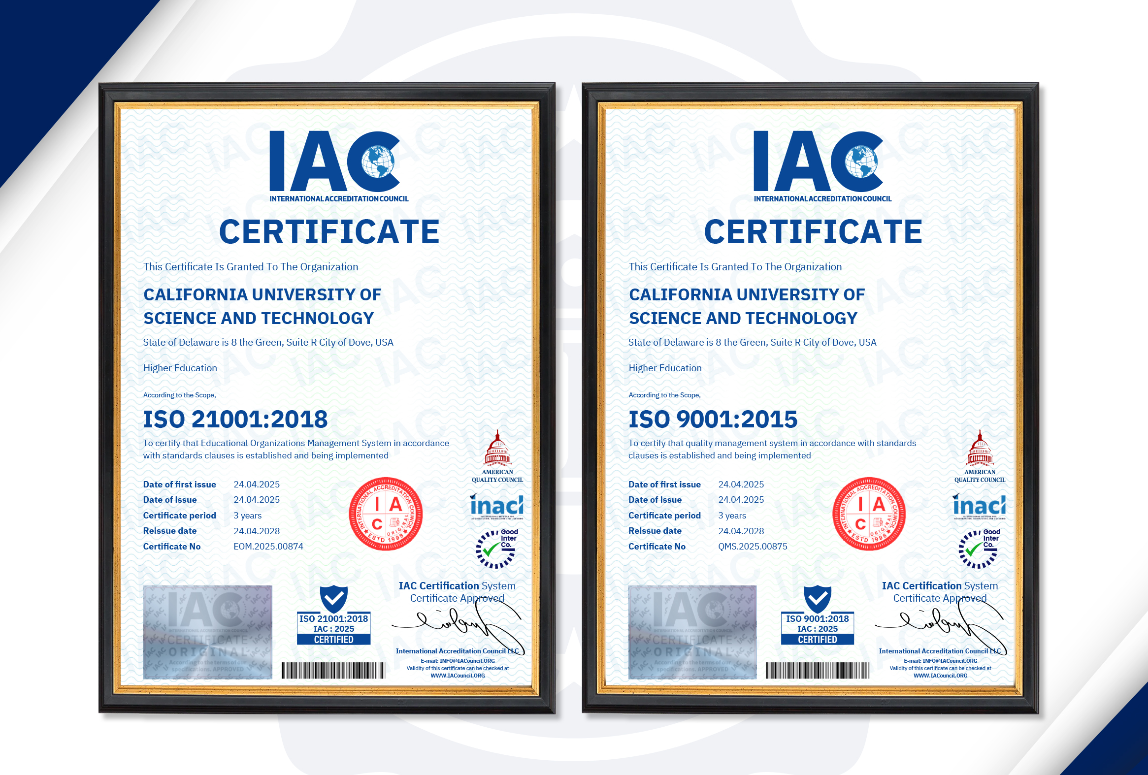 ISO certifications provided by IAC